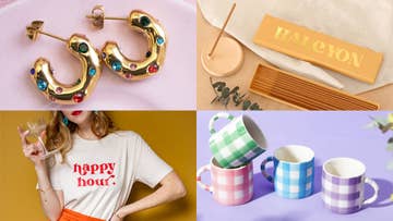 Checked mugs and women wearing a 'happy hour' t-shirt